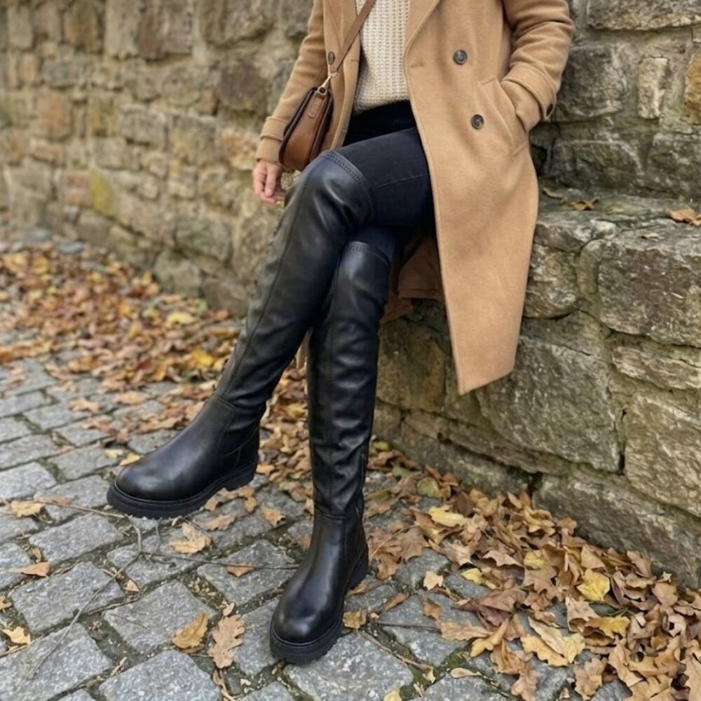 NWT Wild Diva Black Over The Knee Boots Chunky Lug Sole Thigh High Combat - Picture 3 of 7